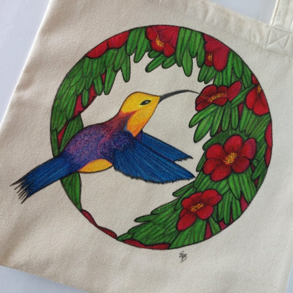Handmade Painted Tote Bag Blue & Gold Hummingbird in Red Flowers 13.5x13.5x3.5
